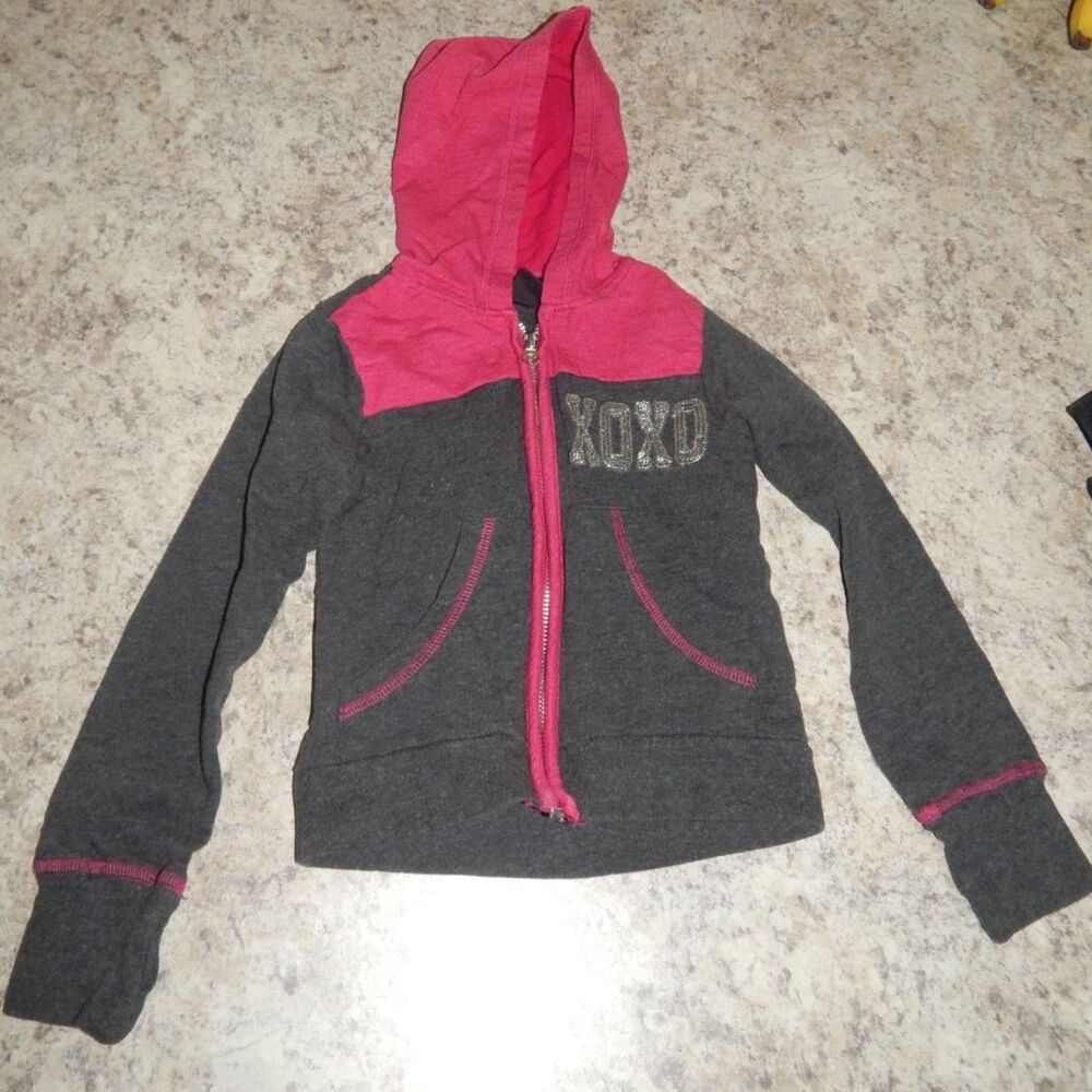 XOXO Girls Size 4 Charcoal Gray Magenta Pink Hooded Zip Up Jacket